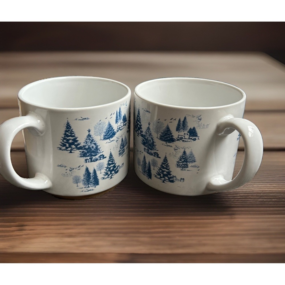 Sunday Morning Ceramics Mug White Blue Winter Christmas Coniferous Trees Lot 2